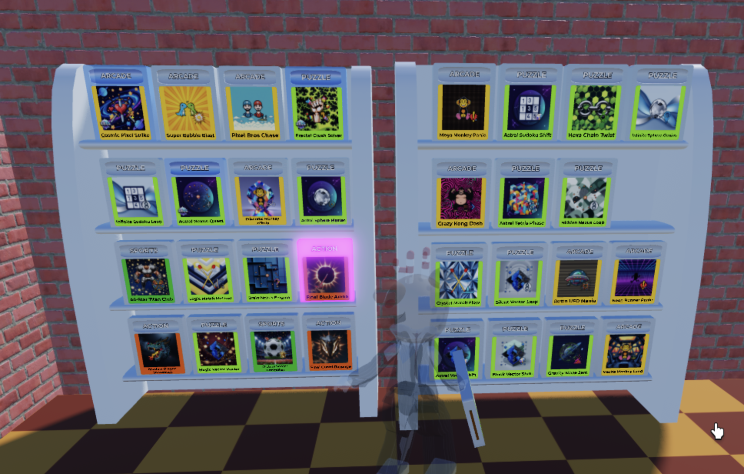 Shelves of rental game cartridges in Game Rental Simulator, each with generated cover art and an invented title, tagged by genre.