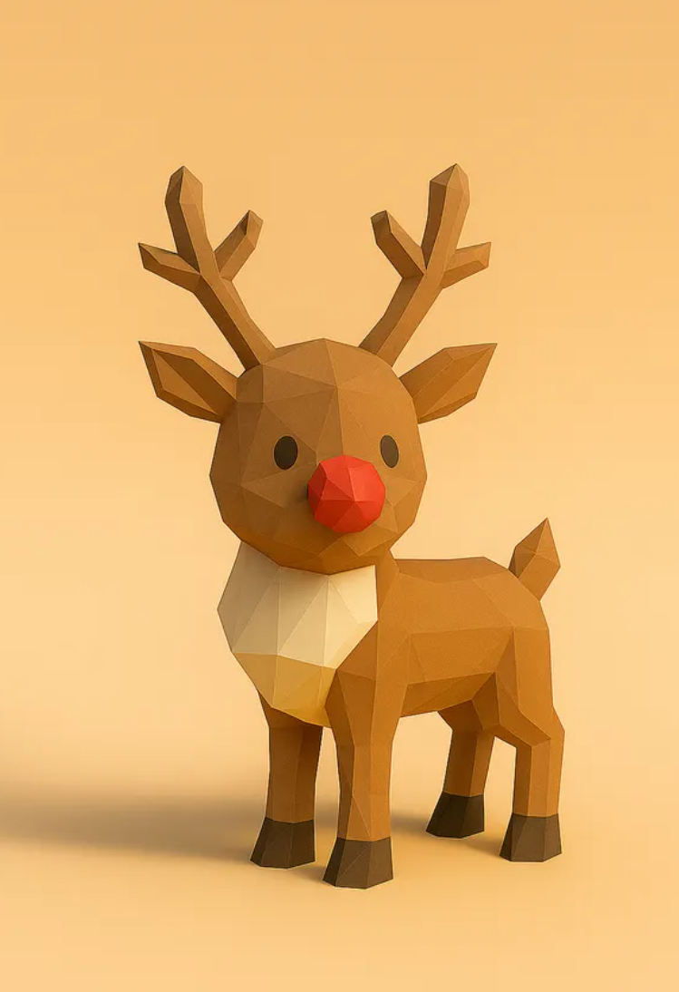 A low-poly style reindeer illustration used as a reference image, with flat faceted surfaces.