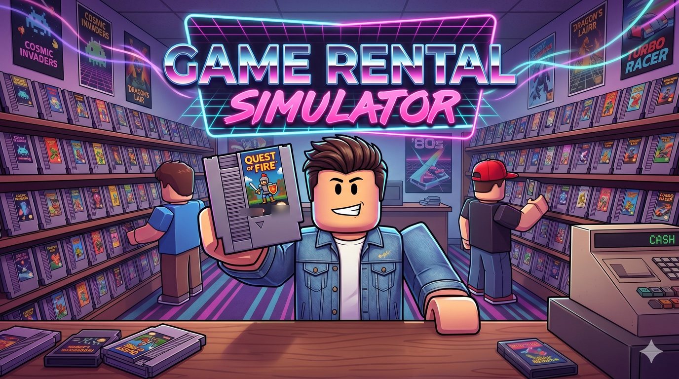 Game Rental Simulator banner: a character holding a retro game cartridge in a neon-lit rental store.