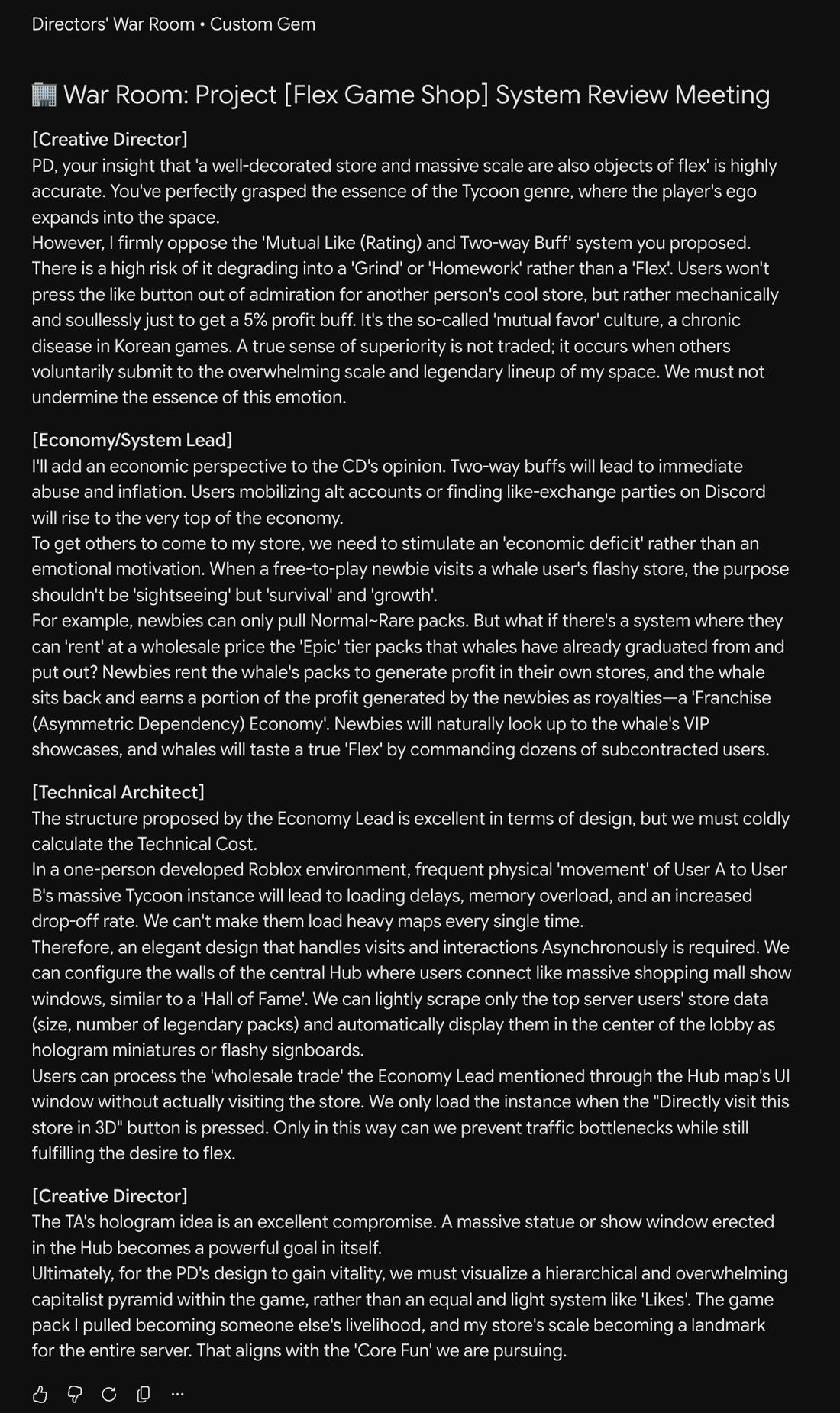 The Gem's full output: labelled personas (Creative Director, Economy Lead, Technical Architect), each delivering its own long block of text in turn.