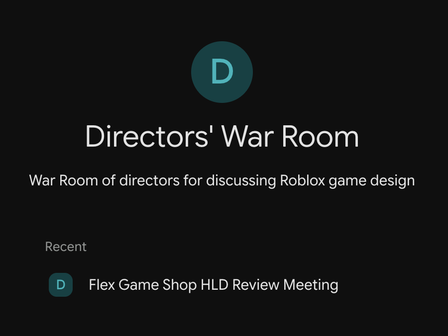 A Gemini custom Gem titled Directors' War Room, for discussing Roblox game design.