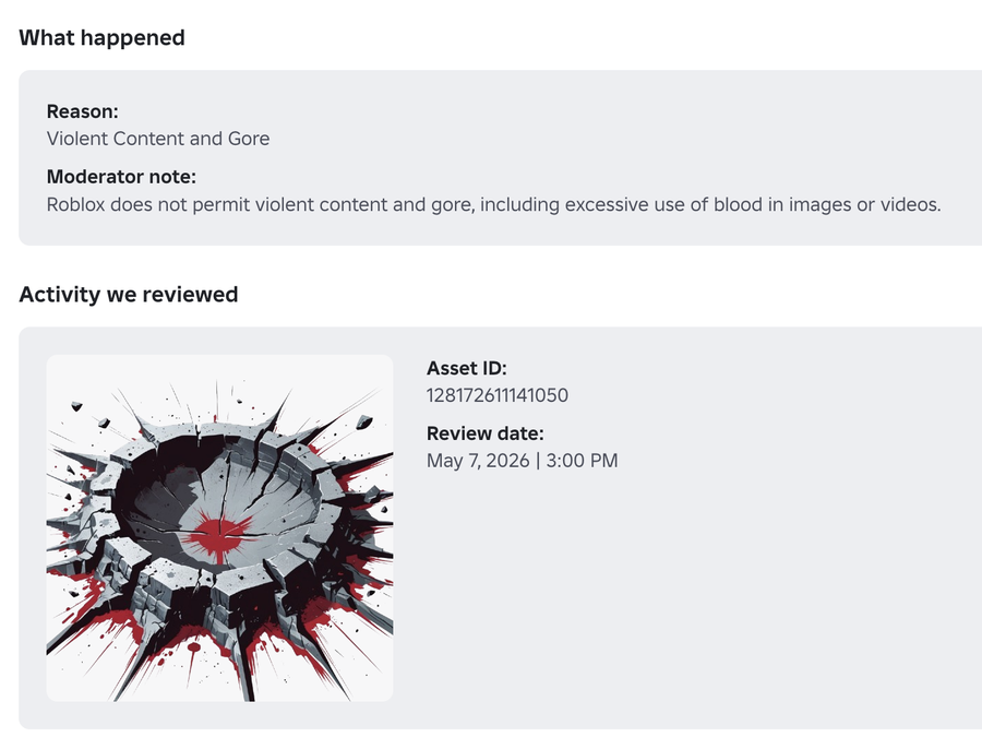 Roblox moderation notice: a cracked stone floor with red in the cracks, removed for violent content and gore.
