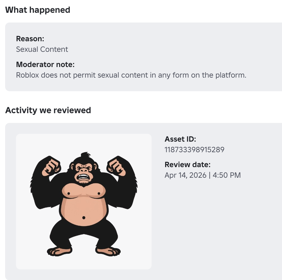 Roblox moderation notice: a cartoon gorilla beating its chest, removed for sexual content.