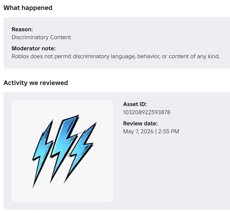 Roblox moderation notice: three blue lightning bolts, removed for discriminatory content.