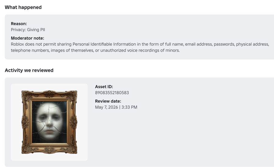 Roblox moderation notice: a painting of a cracked porcelain face in a gold frame, removed for sharing personally identifiable information.