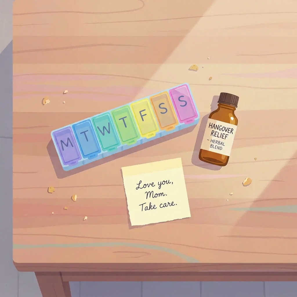 A soft illustrated scene from the new game: a weekly pill organiser, a small bottle labelled hangover relief, and a handwritten note reading love you, mom, take care, on a sunlit wooden table.