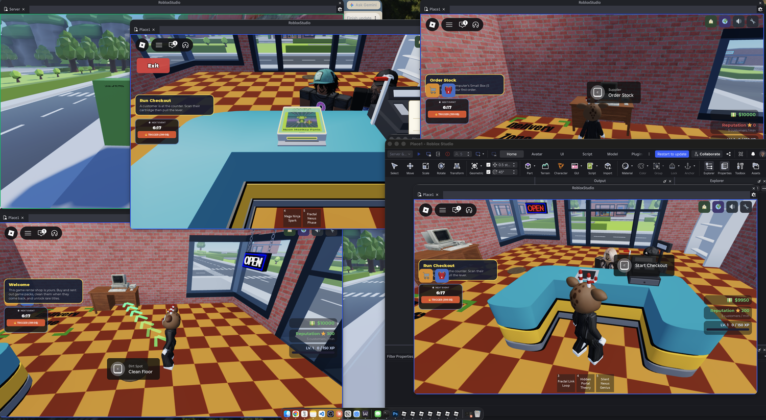 A desktop covered in overlapping Roblox Studio client windows, each showing the same game shop from a different player's view, all driven from one keyboard.