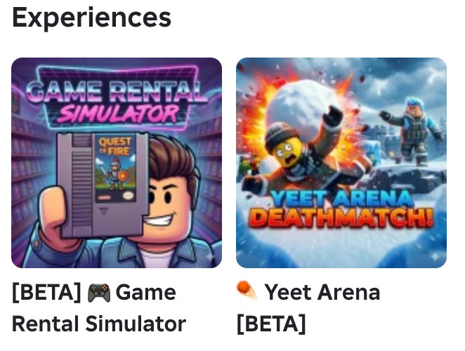 Roblox experience cards for Game Rental Simulator and Yeet Arena Deathmatch