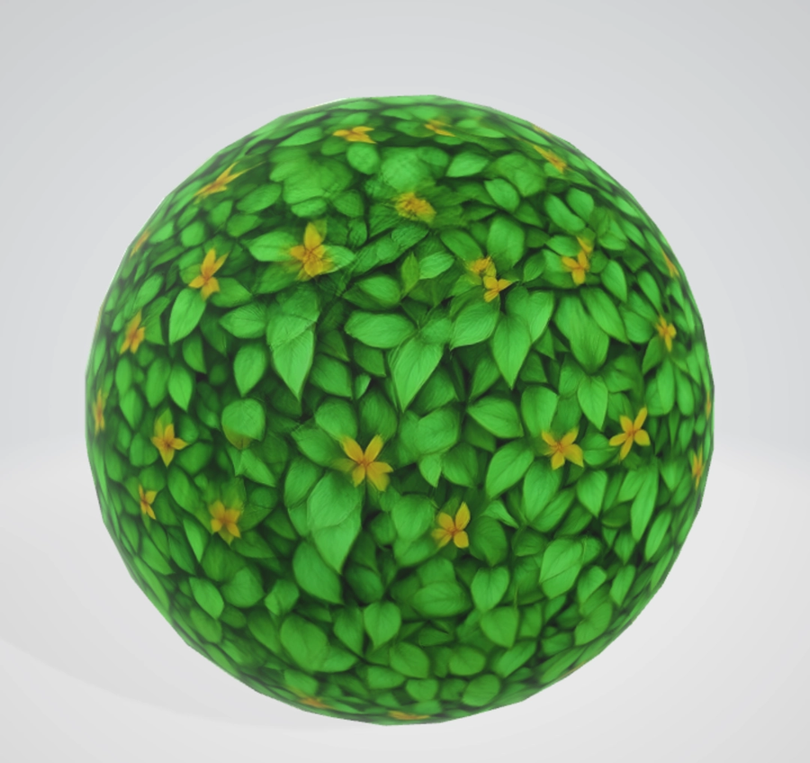 The same leafy texture on the mesh it was generated for, wrapping smoothly with no visible seams.
