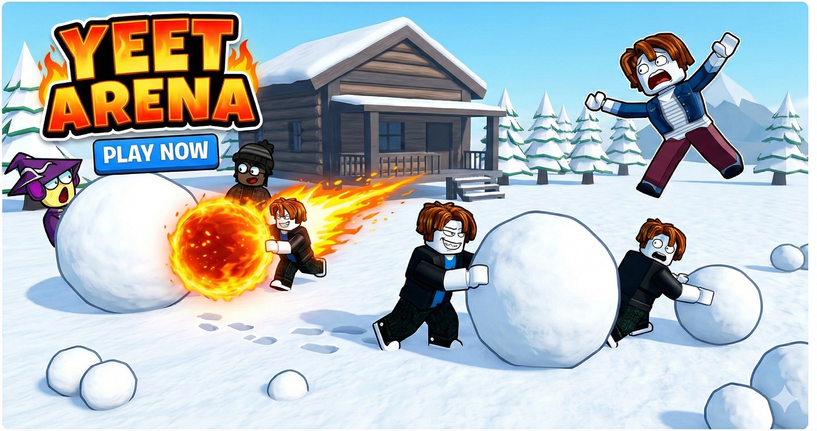 Yeet Arena promo art: snowy cabin arena where players roll giant snowballs and launch them at each other, with the Yeet Arena logo and a Play Now button.