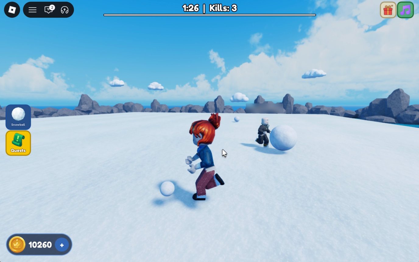 In-game Yeet Arena deathmatch: a snowy arena with another player, a kills counter and timer in the HUD.